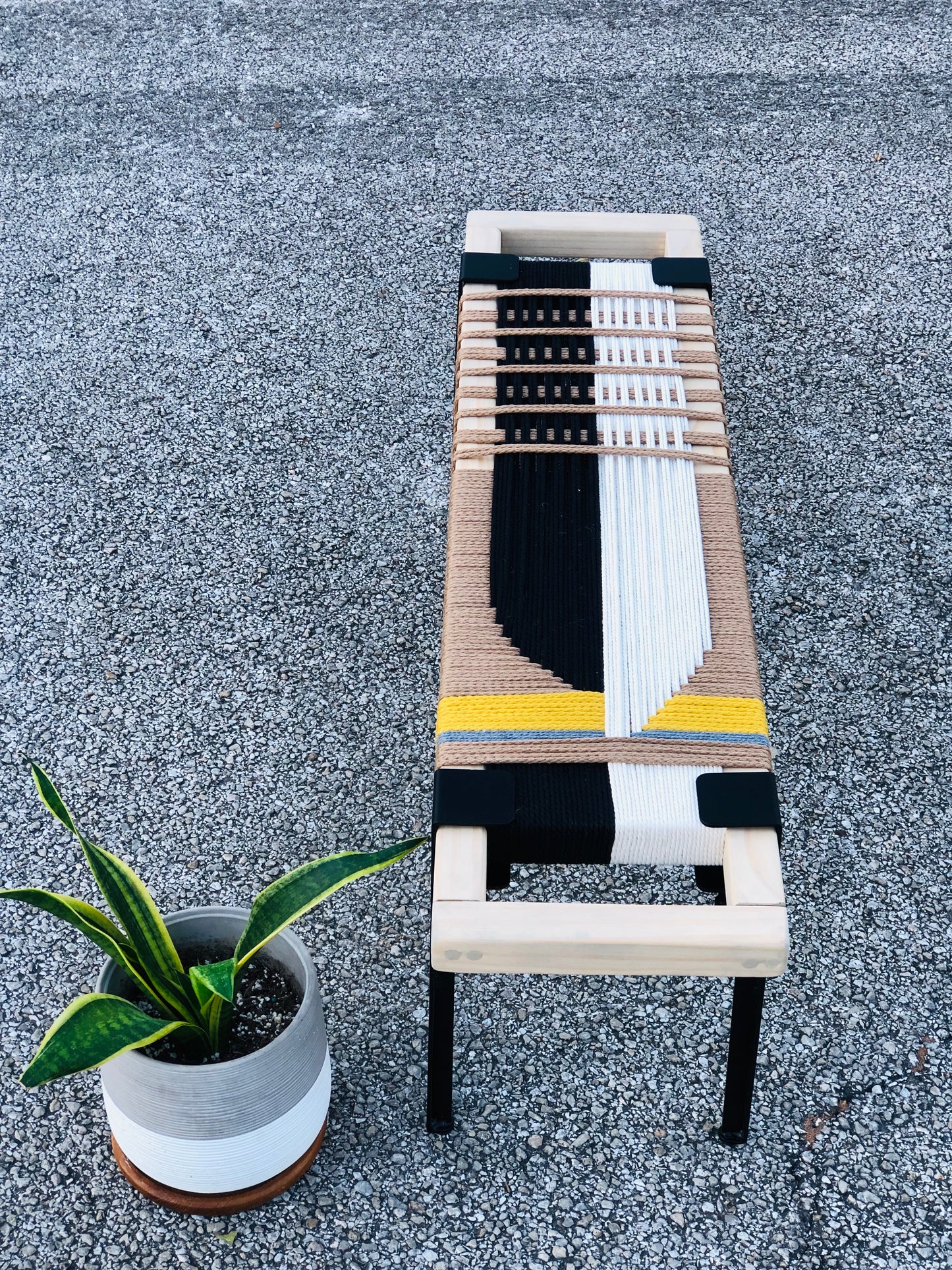 Mid Century Bench | Custom Size Woven Entryway Seating With Matte Black Legs