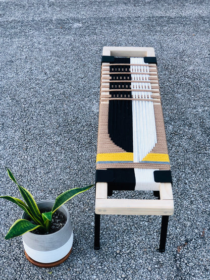 Mid Century Bench | Custom Size Woven Entryway Seating With Matte Black Legs