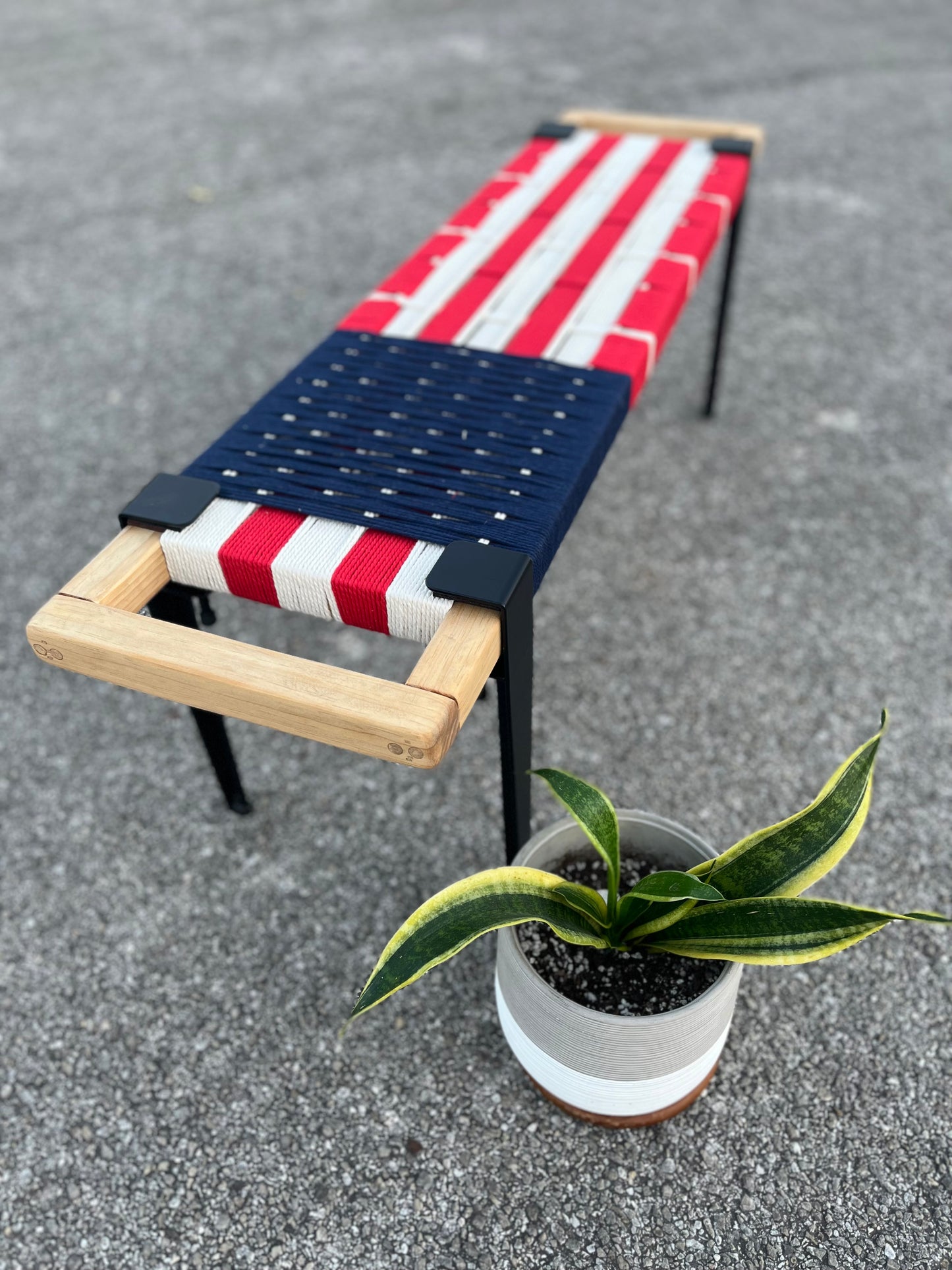 Mid Century Bench | Custom Size Woven Entryway Seating With Matte Black Legs