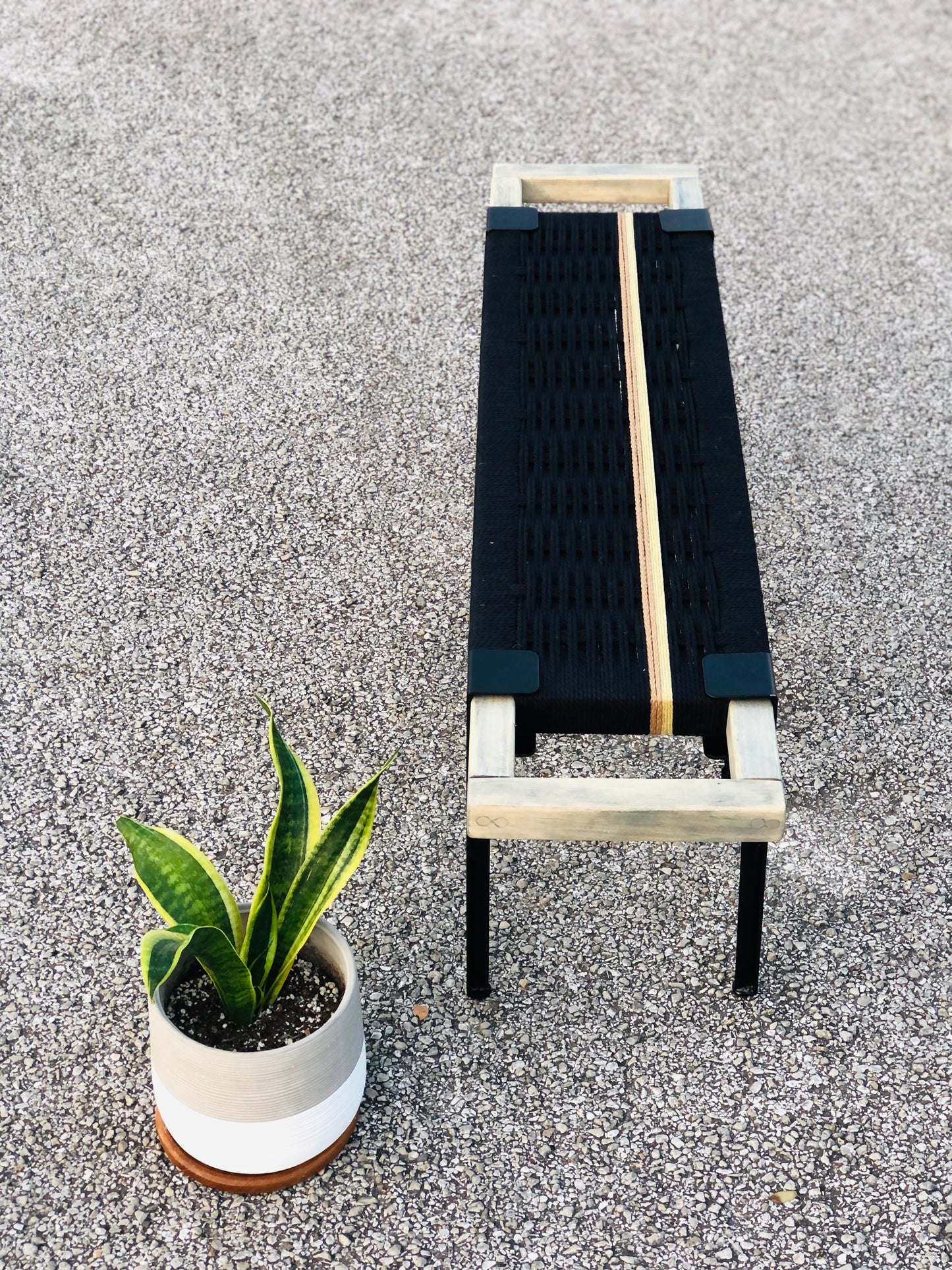 Mid Century Bench | Custom Size Woven Entryway Seating With Matte Black Legs