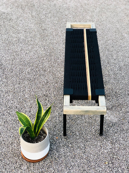 Mid Century Bench | Custom Size Woven Entryway Seating With Matte Black Legs
