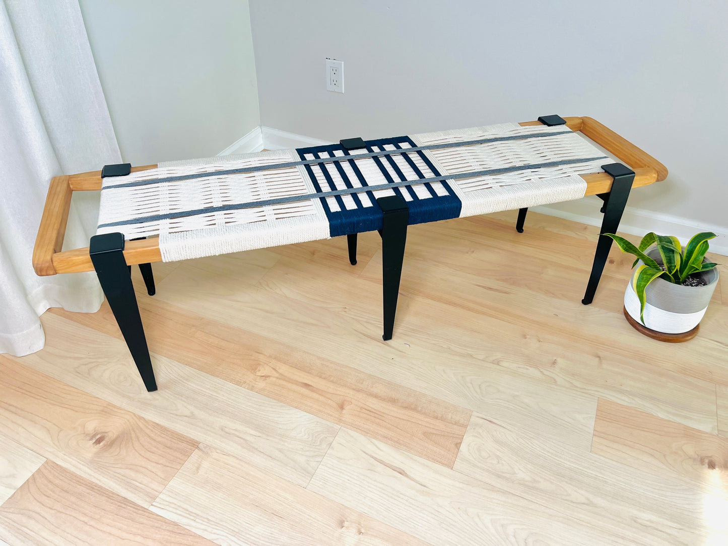 Mid Century Bench | Custom Size Woven Entryway Seating With Matte Black Legs