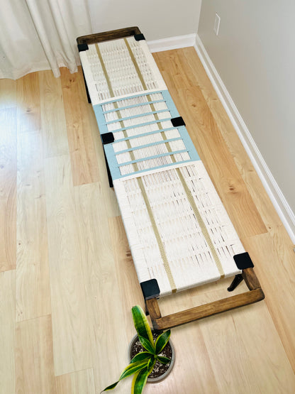 Mid Century Bench | Custom Size Woven Entryway Seating With Matte Black Legs