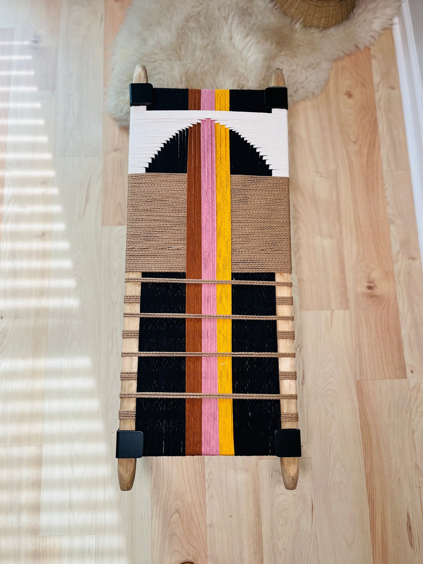 Mid Century Bench | Custom Size Woven Entryway Seating With Matte Black Legs