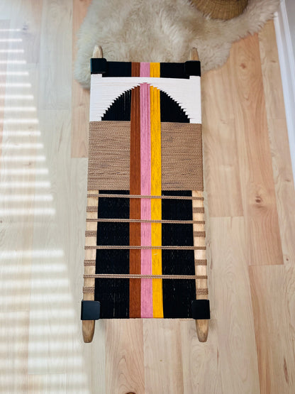 Mid Century Bench | Custom Size Woven Entryway Seating With Matte Black Legs