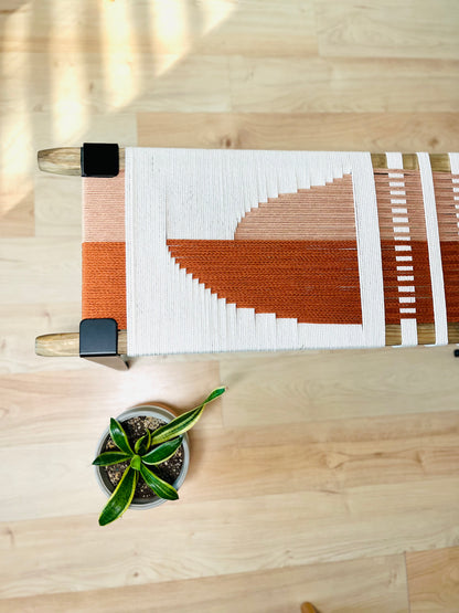 Mid Century Bench | Custom Size Woven Entryway Seating With Matte Black Legs