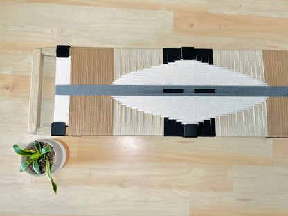 Mid Century Bench | Custom Size Woven Entryway Seating With Matte Black Legs