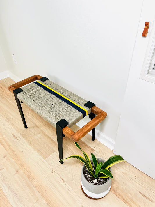Mid Century Bench | Custom Size Woven Entryway Seating With Matte Black Legs