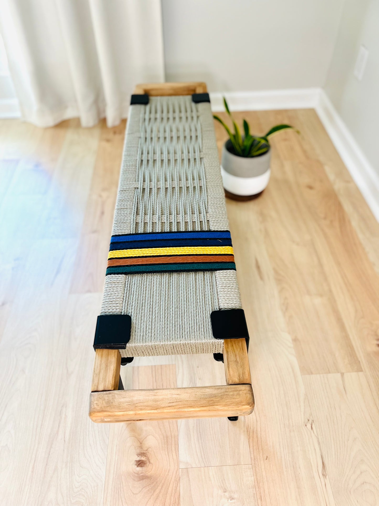 Mid Century Bench | Custom Size Woven Entryway Seating With Matte Black Legs