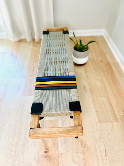 Mid Century Bench | Custom Size Woven Entryway Seating With Matte Black Legs