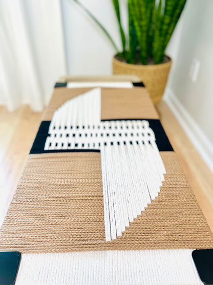 Mid Century Bench | Custom Size Woven Entryway Seating With Matte Black Legs