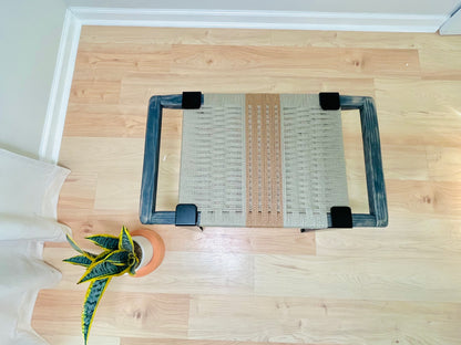 Mid Century Bench | Custom Size Woven Entryway Seating With Matte Black Legs