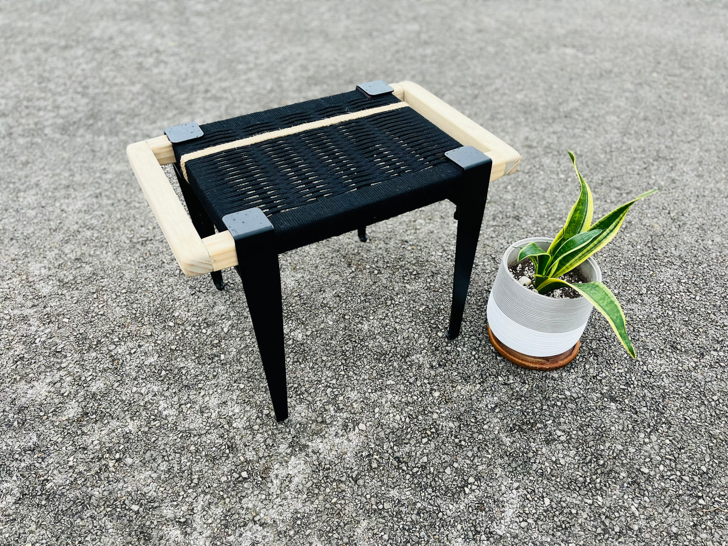Mid Century Bench | Custom Size Woven Entryway Seating With Matte Black Legs