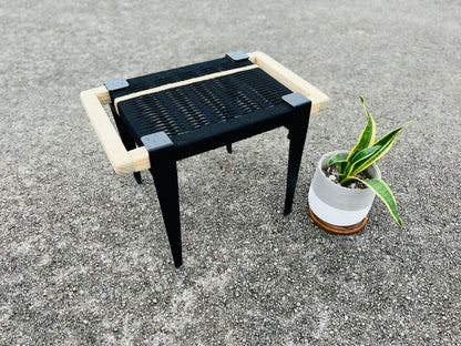 Mid Century Bench | Custom Size Woven Entryway Seating With Matte Black Legs