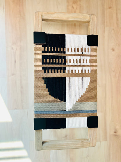 Mid Century Bench | Custom Size Woven Entryway Seating With Matte Black Legs