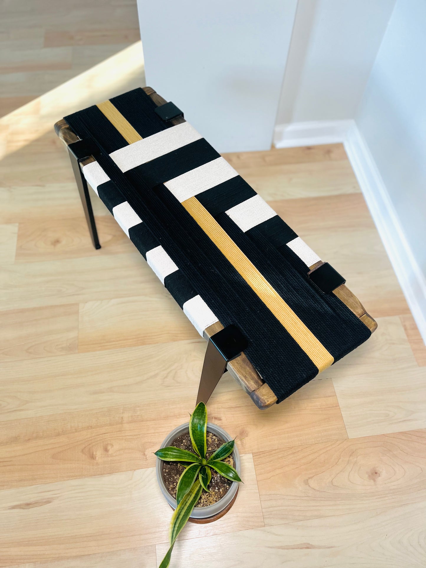 Mid Century Bench | Custom Size Woven Entryway Seating With Matte Black Legs