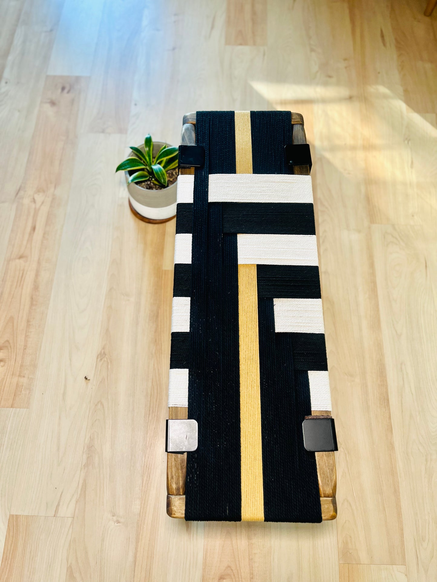Mid Century Bench | Custom Size Woven Entryway Seating With Matte Black Legs