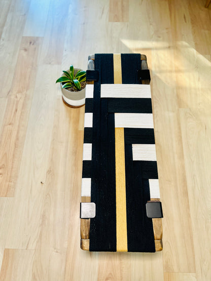 Mid Century Bench | Custom Size Woven Entryway Seating With Matte Black Legs
