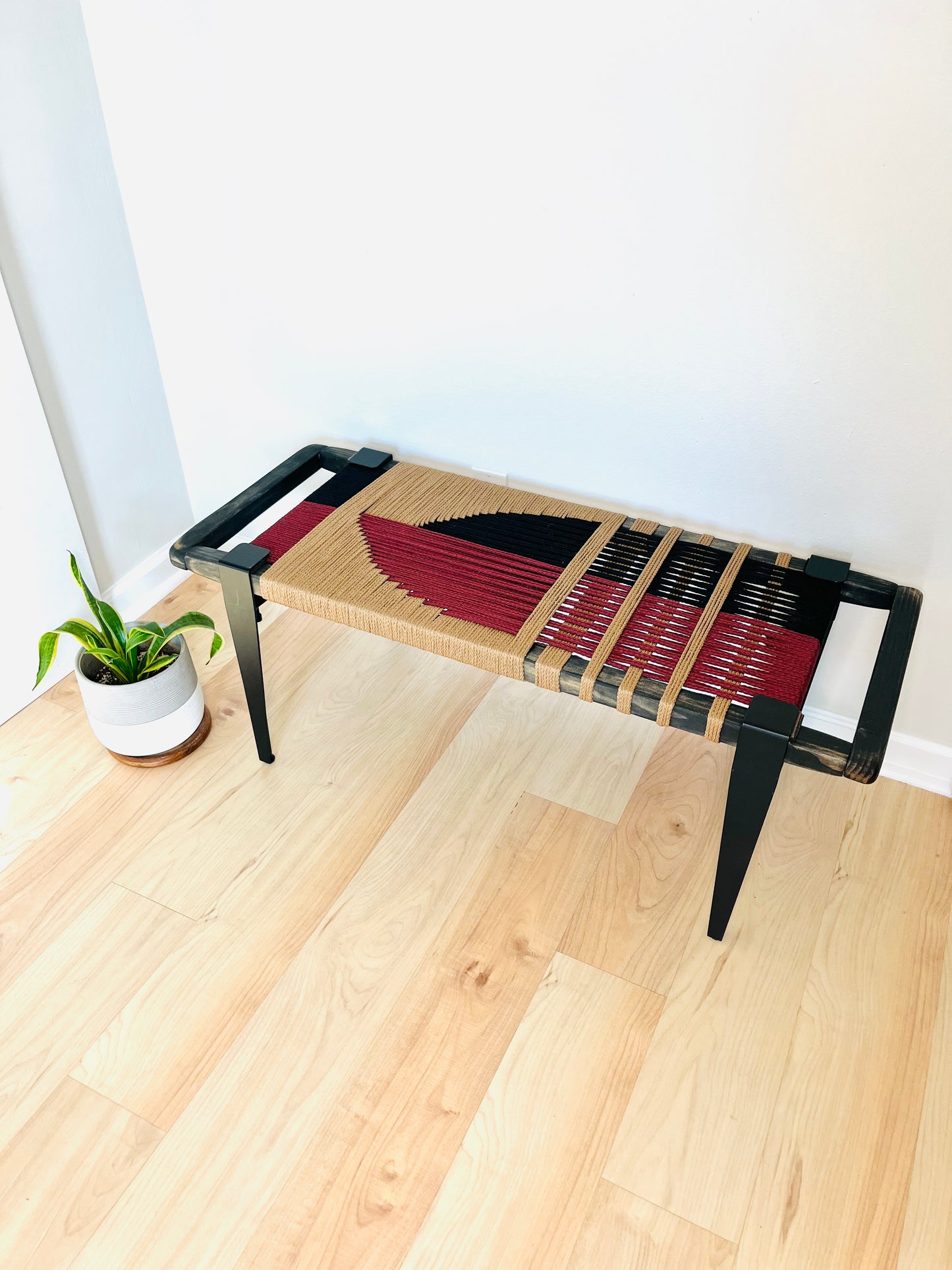 Mid Century Bench | Custom Size Woven Entryway Seating With Matte Black Legs