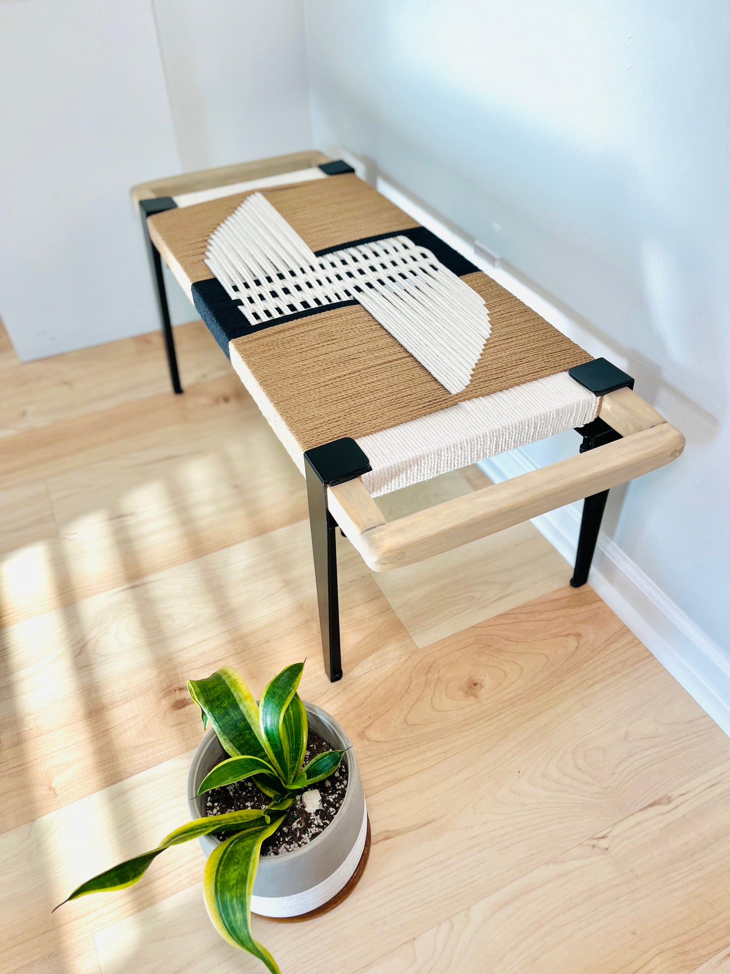 Mid Century Bench | Custom Size Woven Entryway Seating With Matte Black Legs
