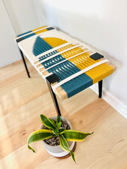 Mid Century Bench | Custom Size Woven Entryway Seating With Matte Black Legs