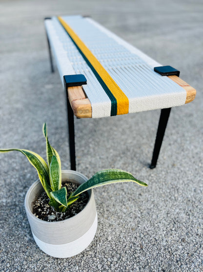 Mid Century Bench | Custom Size Woven Entryway Seating With Matte Black Legs