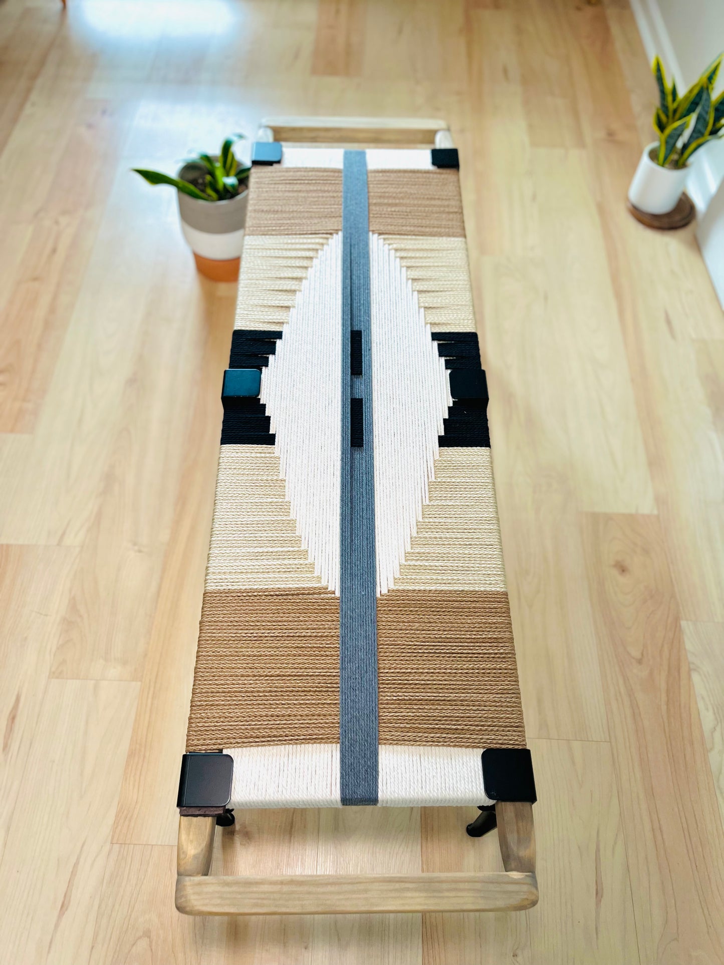 Mid Century Bench | Custom Size Woven Entryway Seating With Matte Black Legs