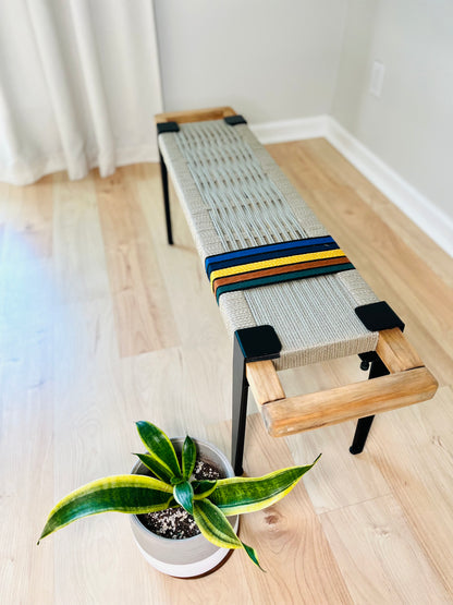 Mid Century Bench | Custom Size Woven Entryway Seating With Matte Black Legs