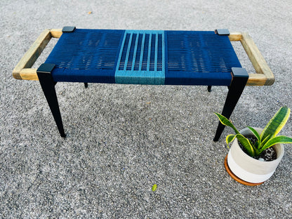 Mid Century Bench | Custom Size Woven Entryway Seating With Matte Black Legs