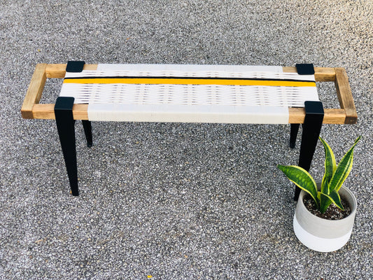 Mid Century Bench | Custom Size Woven Entryway Seating With Matte Black Legs