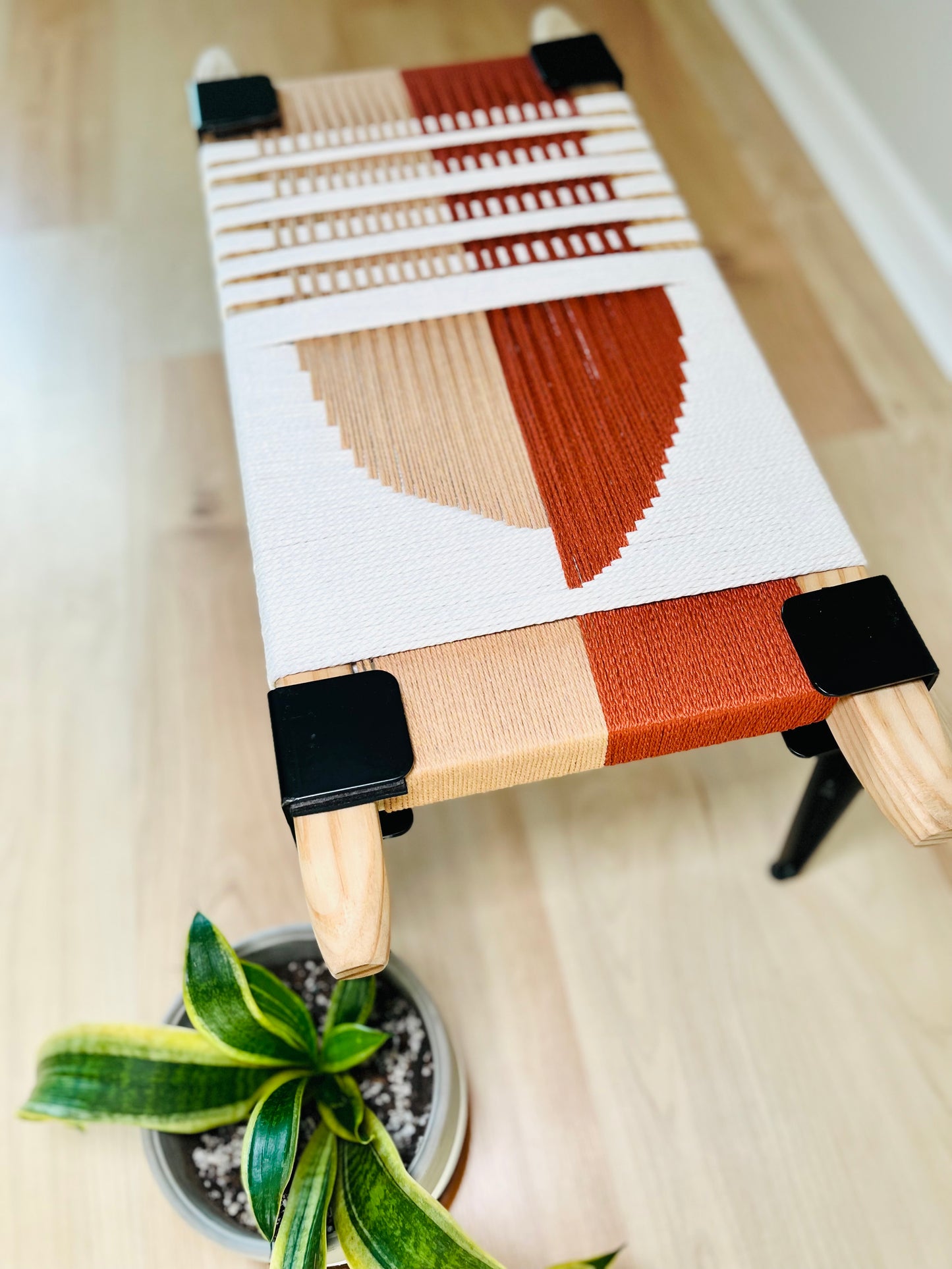 Mid Century Bench | Custom Size Woven Entryway Seating With Matte Black Legs