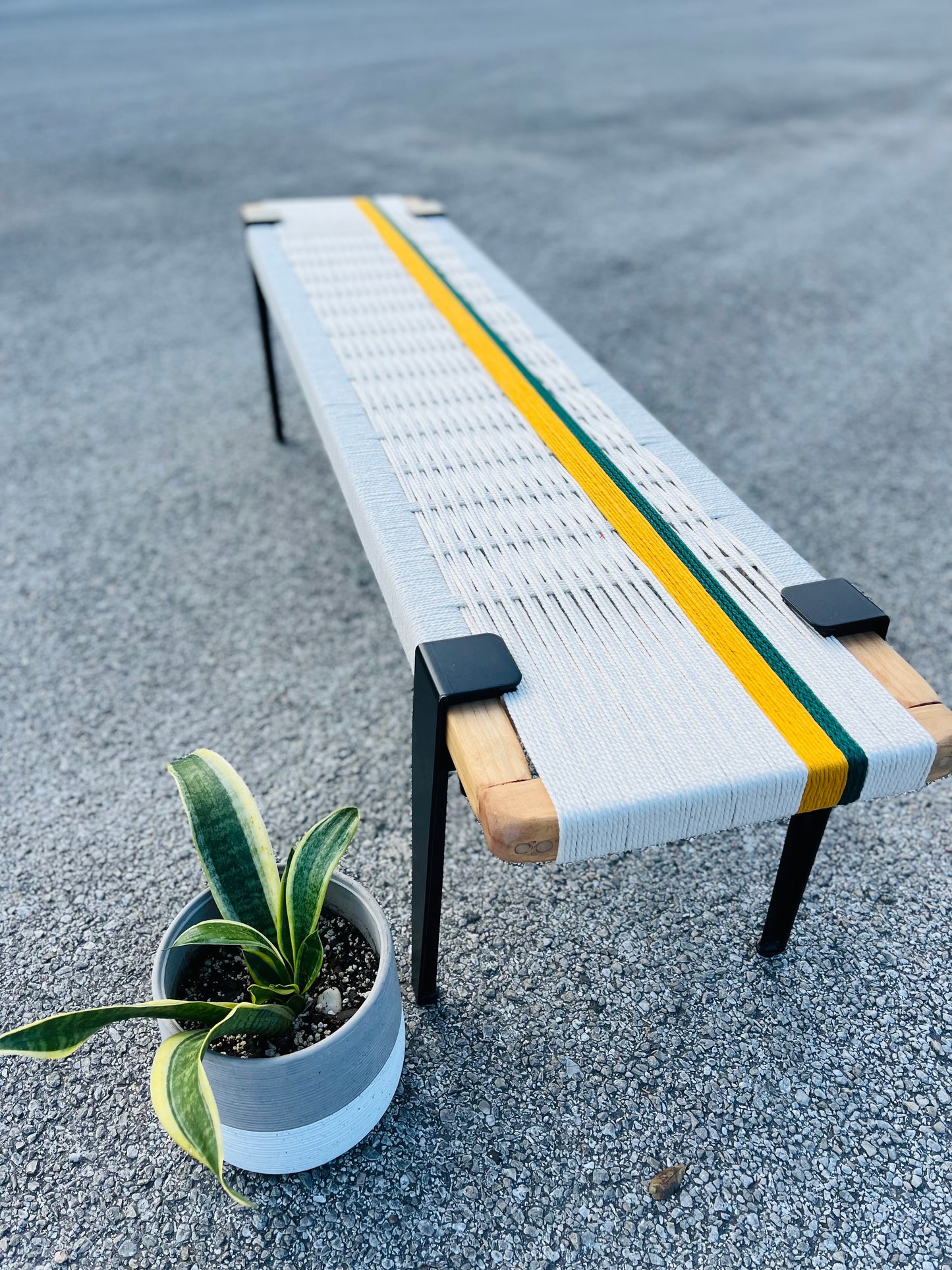 Mid Century Bench | Custom Size Woven Entryway Seating With Matte Black Legs