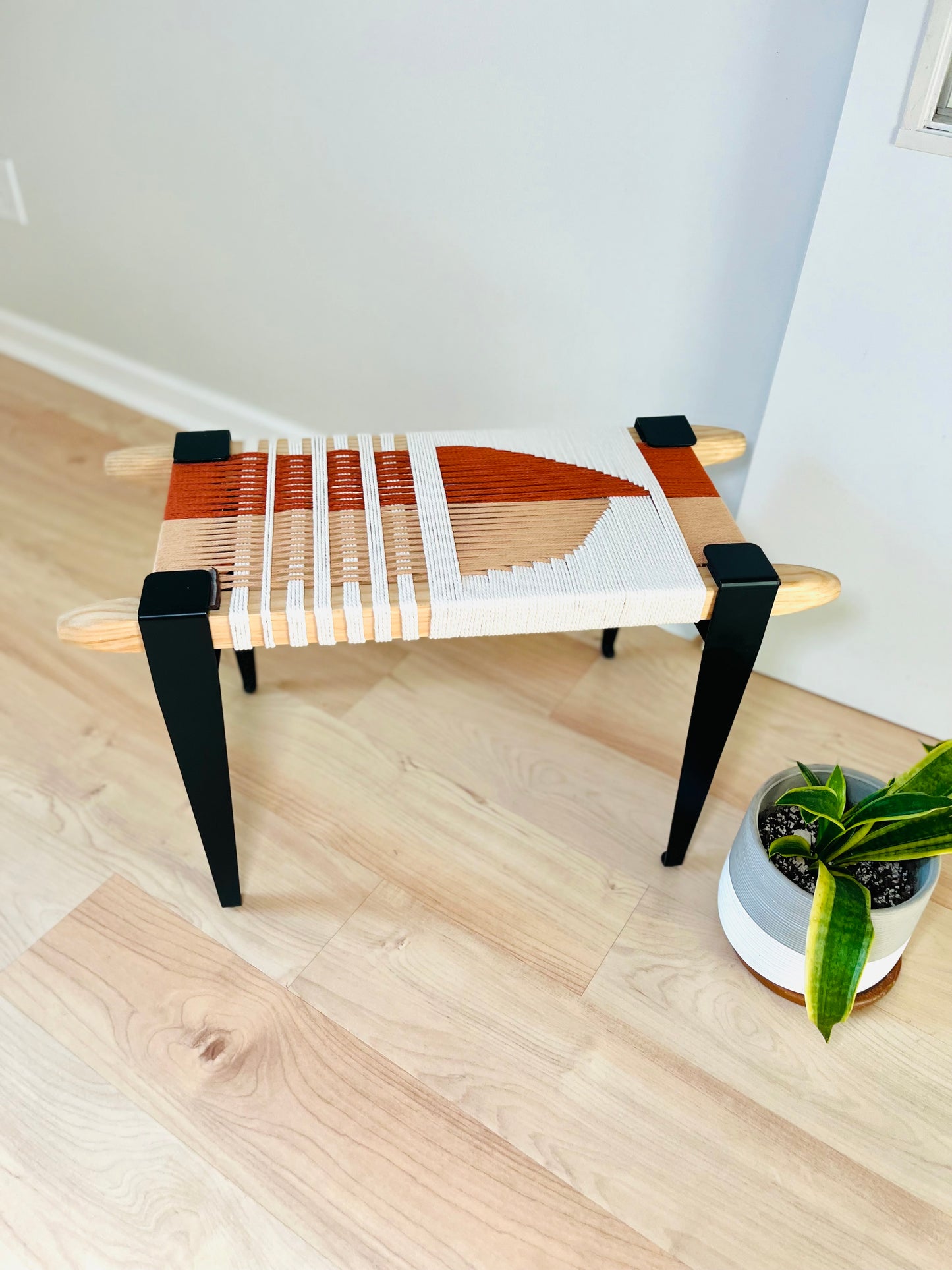 Mid Century Bench | Custom Size Woven Entryway Seating With Matte Black Legs