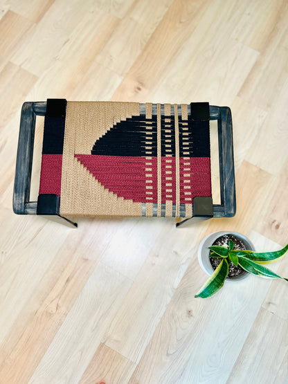 Mid Century Bench | Custom Size Woven Entryway Seating With Matte Black Legs