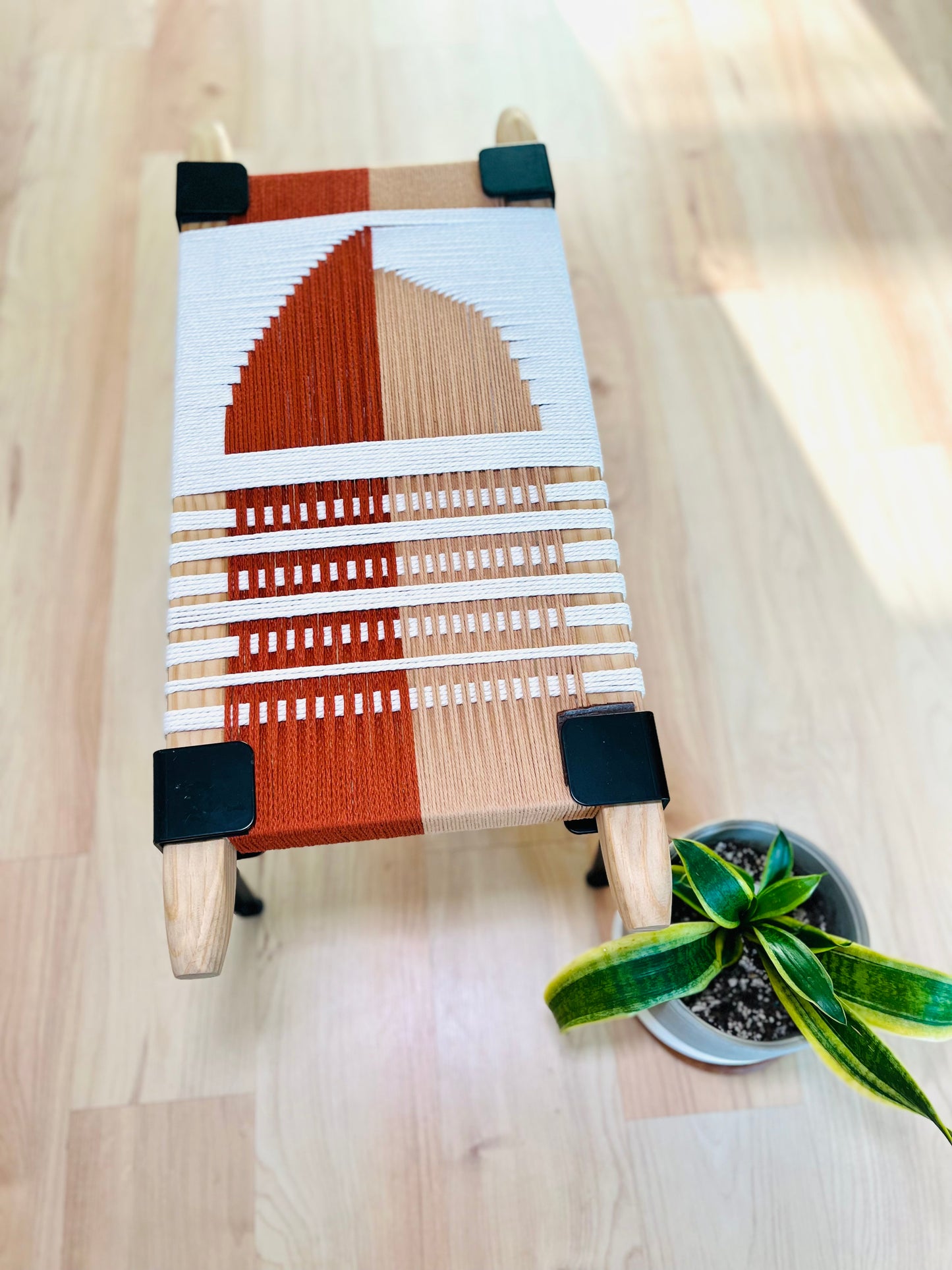 Mid Century Bench | Custom Size Woven Entryway Seating With Matte Black Legs