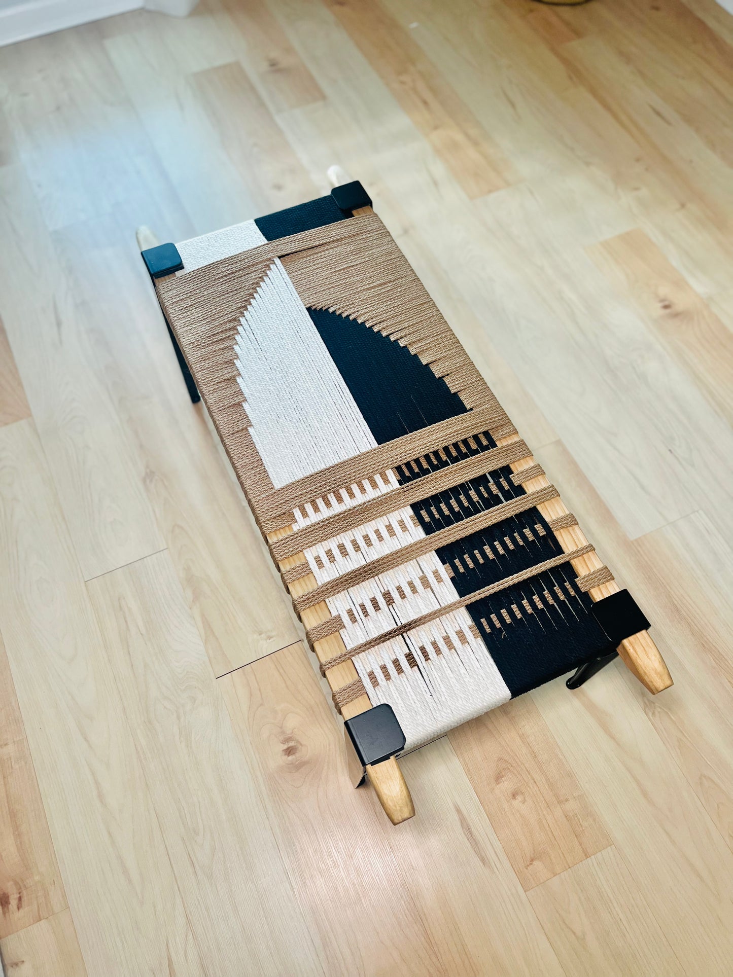 Mid Century Bench | Custom Size Woven Entryway Seating With Matte Black Legs
