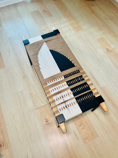 Mid Century Bench | Custom Size Woven Entryway Seating With Matte Black Legs