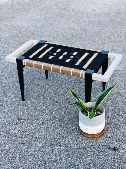 Mid Century Bench | Custom Size Woven Entryway Seating With Matte Black Legs