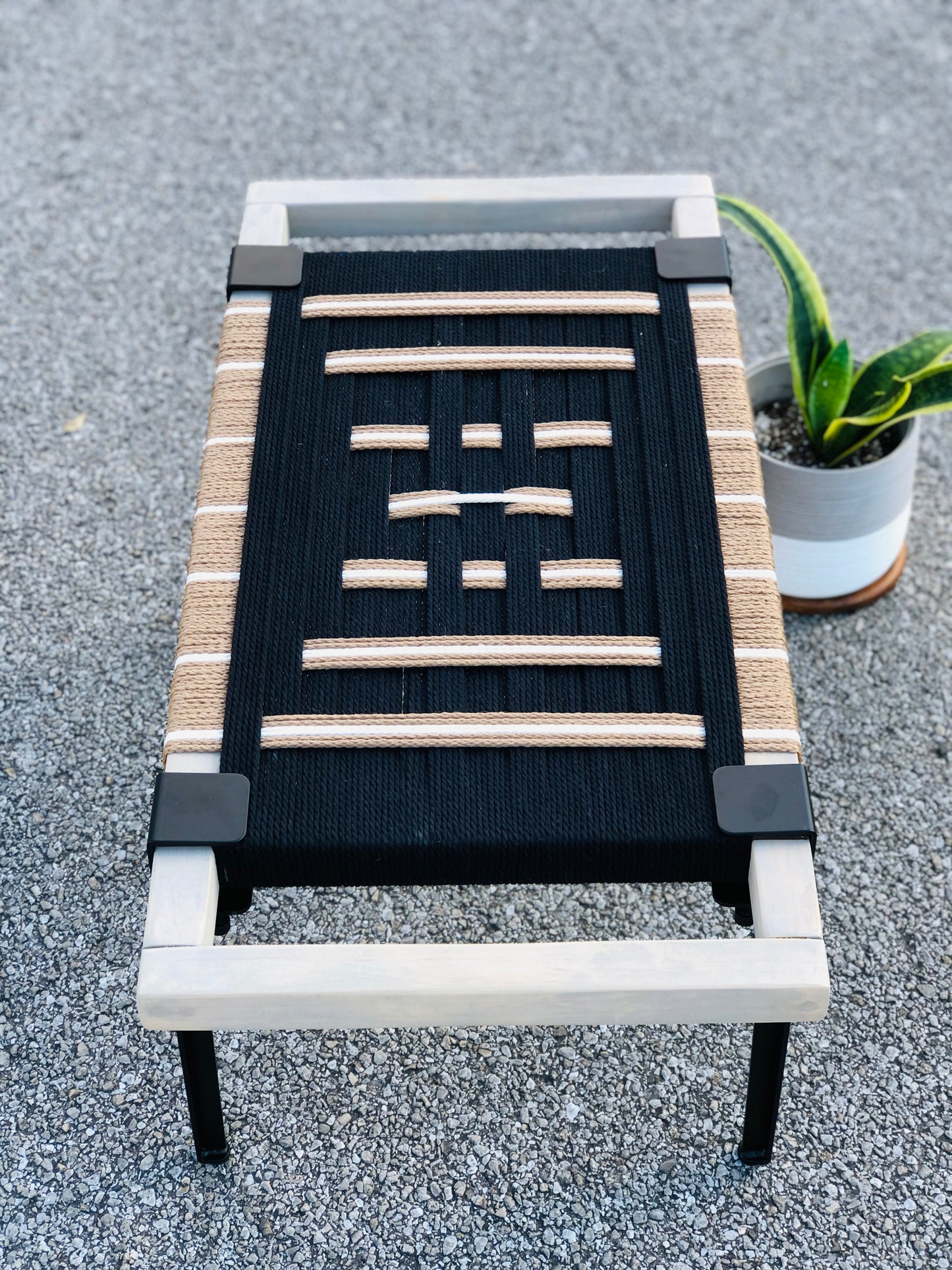 Mid Century Bench | Custom Size Woven Entryway Seating With Matte Black Legs