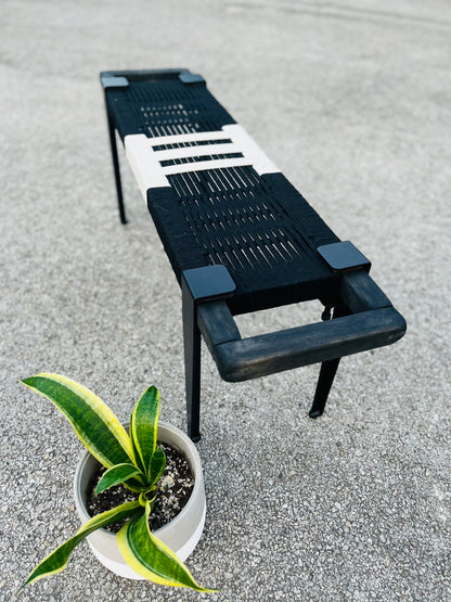 Mid Century Bench | Custom Size Woven Entryway Seating With Matte Black Legs
