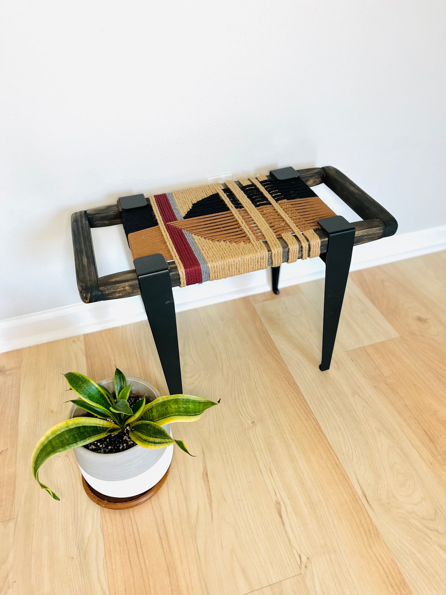 Mid Century Bench | Custom Size Woven Entryway Seating With Matte Black Legs