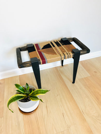 Mid Century Bench | Custom Size Woven Entryway Seating With Matte Black Legs