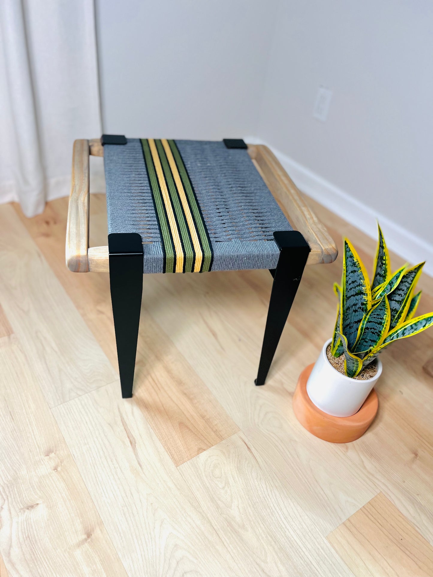 Mid Century Bench | Custom Size Woven Entryway Seating With Matte Black Legs