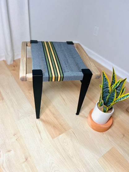 Mid Century Bench | Custom Size Woven Entryway Seating With Matte Black Legs