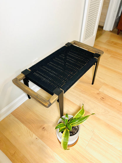Mid Century Bench | Custom Size Woven Entryway Seating With Matte Black Legs