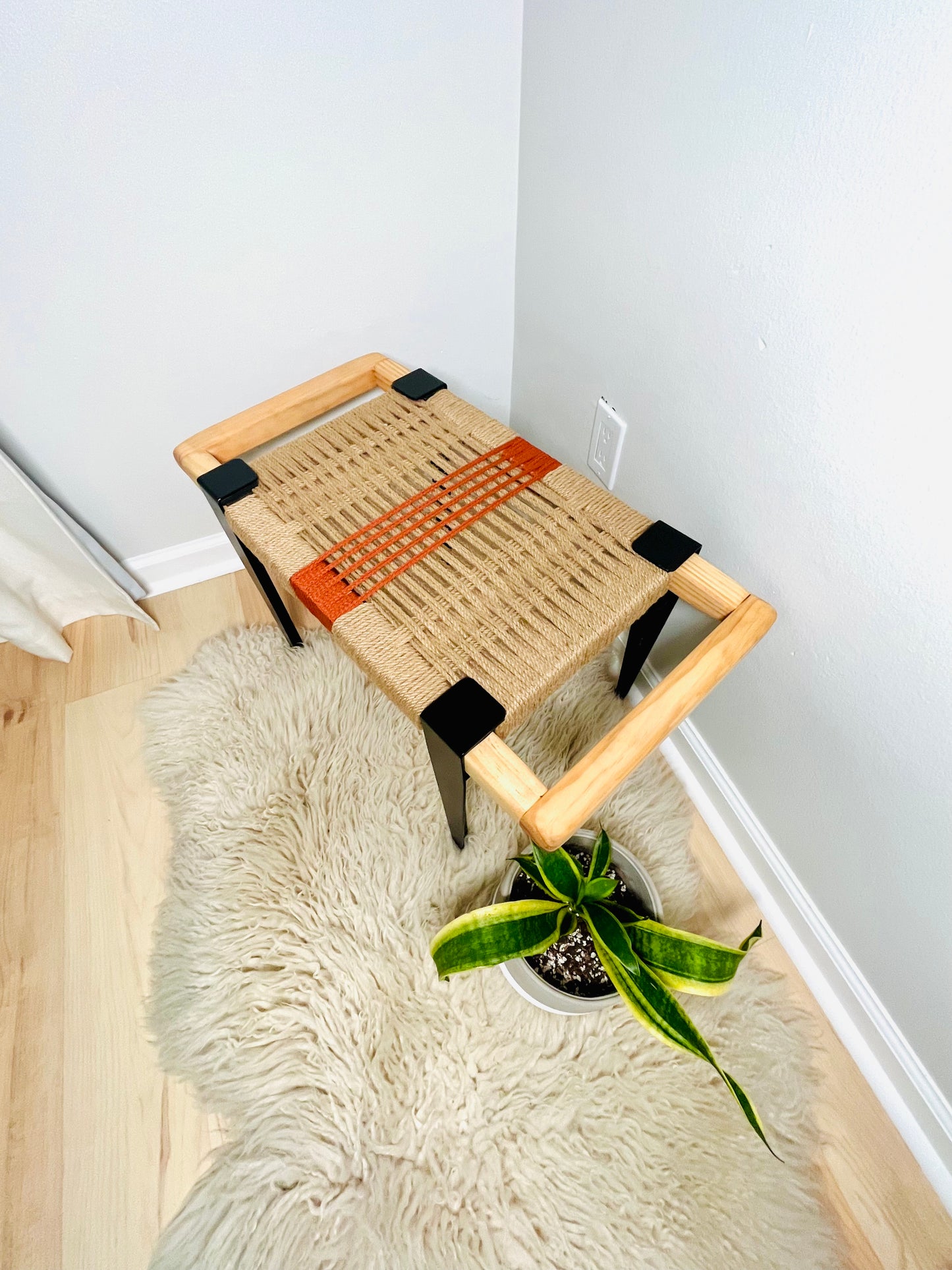Mid Century Bench | Custom Size Woven Entryway Seating With Matte Black Legs