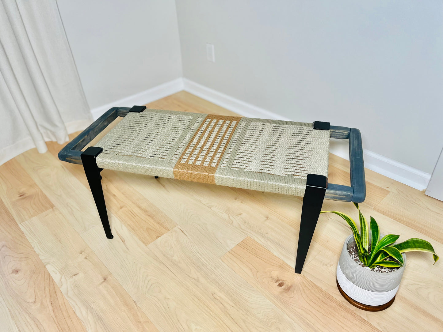 Mid Century Bench | Custom Size Woven Entryway Seating With Matte Black Legs
