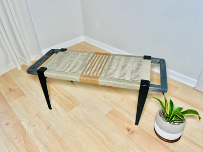Mid Century Bench | Custom Size Woven Entryway Seating With Matte Black Legs