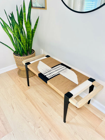 Mid Century Bench | Custom Size Woven Entryway Seating With Matte Black Legs