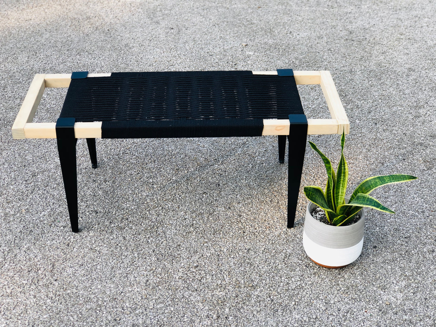 Mid Century Bench | Custom Size Woven Entryway Seating With Matte Black Legs